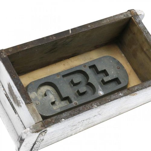 Artikel Baksteenvorm, bakstenen kist, houten kist met metalen beslag antieke afwerking, wit gewassen L32cm H9cm