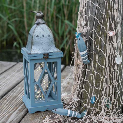 Floristik24 Houten lantaarn met metalen decoratie, decoratieve lantaarn om op te hangen, tuindecoratie blauw-zilver H51cm