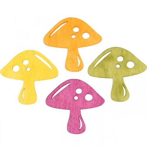 Artikel Strooidecoratie paddenstoelen, herfstdecoratie, gelukspaddenstoelen voor het decoreren van oranje, geel, groen, roze H3,5/4cm B4/3cm 72 stuks
