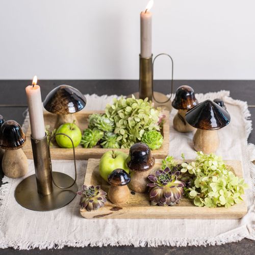 Houten paddestoel decoratie naturel bruin glanseffect Ø10cm H12cm