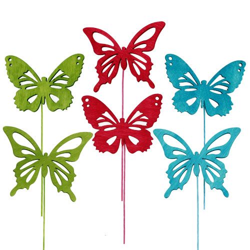 Houten vlinder met draad geassorteerde kleuren 8 cm x 6 cm L28 cm