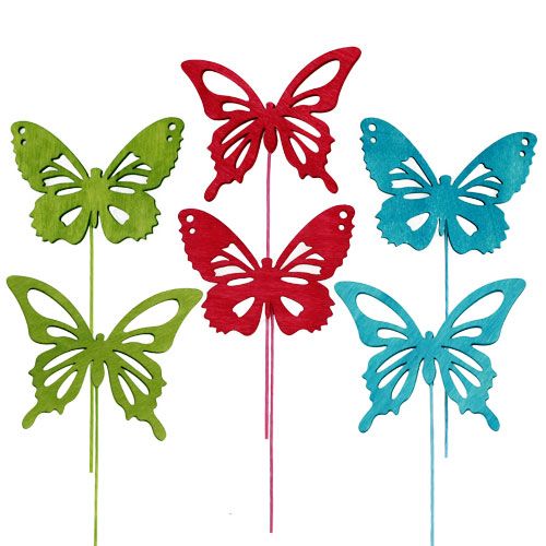 Artikel Houten vlinder met draad, diverse kleuren. 8cmx6cm L28cm 18 stuks