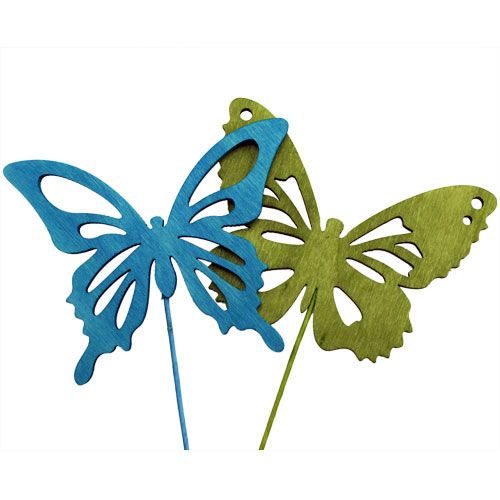 Artikel Houten vlinder met draad, diverse kleuren. 8cmx6cm L28cm 18 stuks