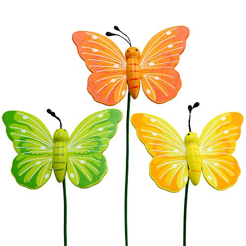 Houten vlinders op de stok, assorti 3 kleuren 8cm 24st