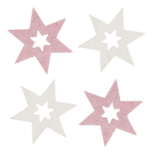 Floristik24 Houten ster 3,5cm roze/wit met glitters 72 st