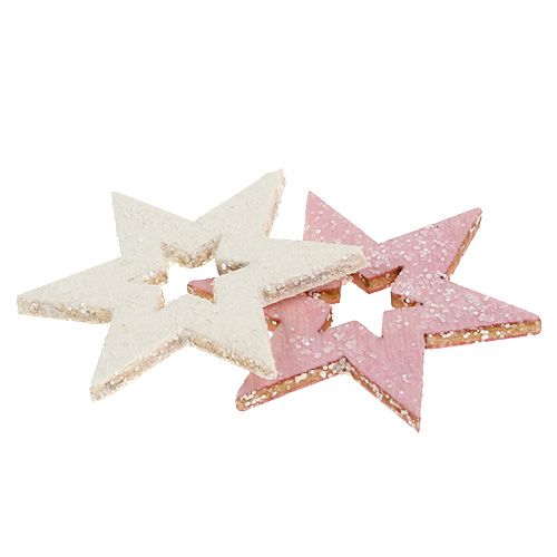 Floristik24 Houten ster 3,5cm roze/wit met glitters 72 st