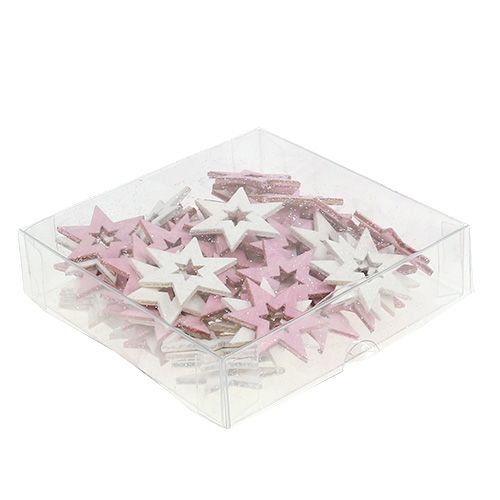 Floristik24 Houten ster 3,5cm roze/wit met glitters 72 st