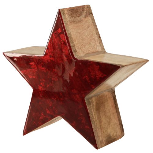 Artikel Houten ster naturel rode ster decoratie gemaakt van mangohout Ø24x10cm