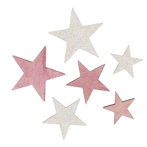 Floristik24 Houten ster 3-5cm roze / wit met glitter 24st