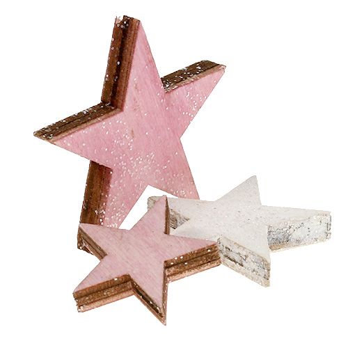 Floristik24 Houten ster 3-5cm roze / wit met glitter 24st