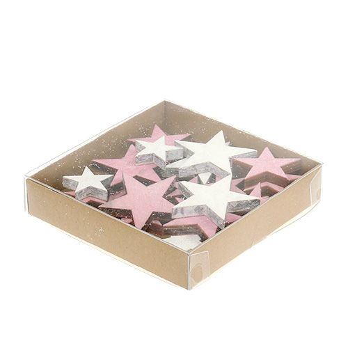 Floristik24 Houten ster 3-5cm roze / wit met glitter 24st