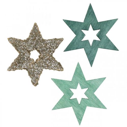 Artikel Strooidecoratie houten ster groen, glitter poinsettia mix 4cm 72 st