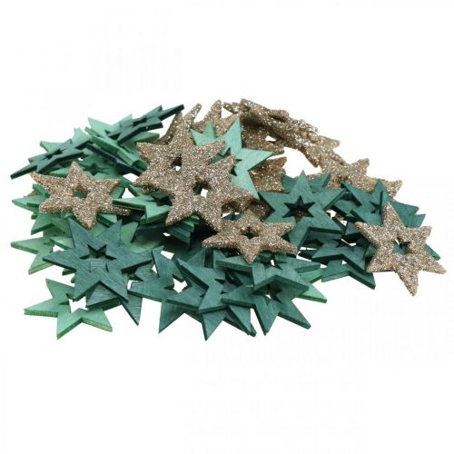 Artikel Strooidecoratie houten ster groen, glitter poinsettia mix 4cm 72 st
