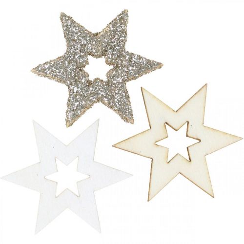 Floristik24 Strooidecoratie houten ster naturel, glitter, wit 4cm assorti 72 st