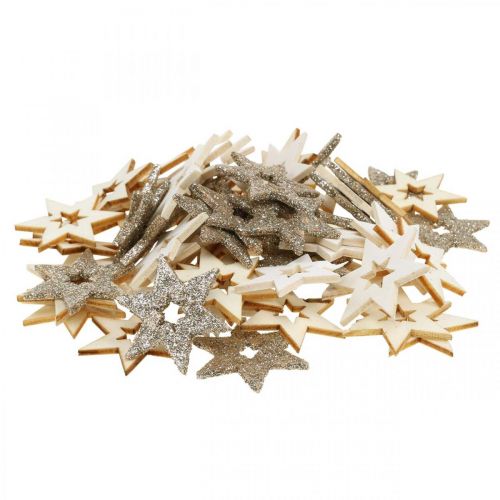 Floristik24 Strooidecoratie houten ster naturel, glitter, wit 4cm assorti 72 st