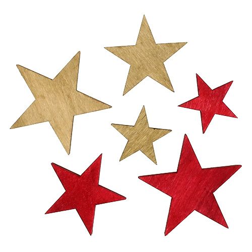 Houten sterren 3-5cm naturel / rood 24st