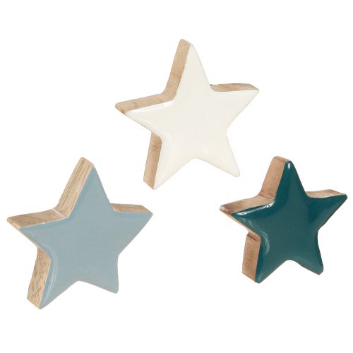 Houten sterren tafeldecoratie sterren wit blauw turquoise 5cm 12 stuks