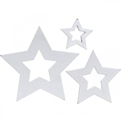 Artikel Houten sterren wit verspreide decoratie Kerst 3/5/7cm 48st