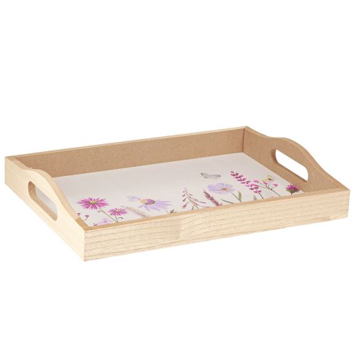 Artikel Houten dienblad rechthoekig natuur bloemen vlinder L35cm