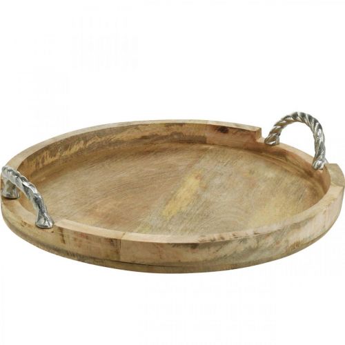 Houten dienblad met handvatten, tafeldecoratie rond echt hout, metaal naturel, zilver Ø40.5cm