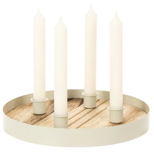 Kandelaar voor vier taps toelopende kaarsen, ronde houten schaal, 25 cm | Floristik24.nl