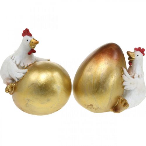 Floristik24 Sierkippen met paasei, paaskippen, gouden ei, paasdecoratie H12/11cm set van 2