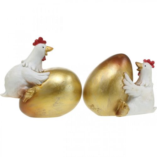 Floristik24 Sierkippen met paasei, paaskippen, gouden ei, paasdecoratie H12/11cm set van 2