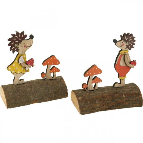 Egel met paddenstoelen, herfstfiguur, paar houten egels geel / oranje H11cm L10 / 10,5cm set van 2