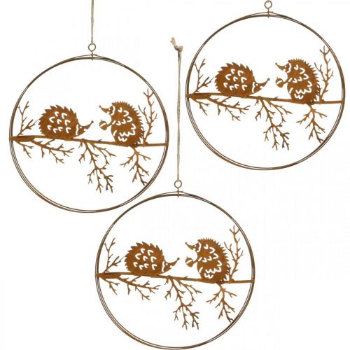 Artikel Metalen hanger, egel op tak, herfstdecoratie, decoratieve ring patina Ø15,5cm 3 stuks
