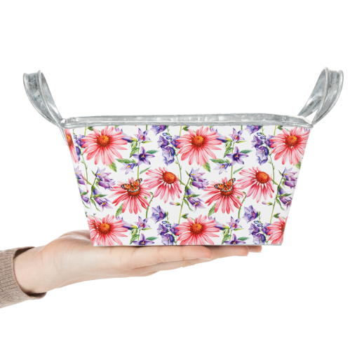 Artikel Jardinière bloembak met lentebloemen, metalen decoratie, 20×12,5×10 cm