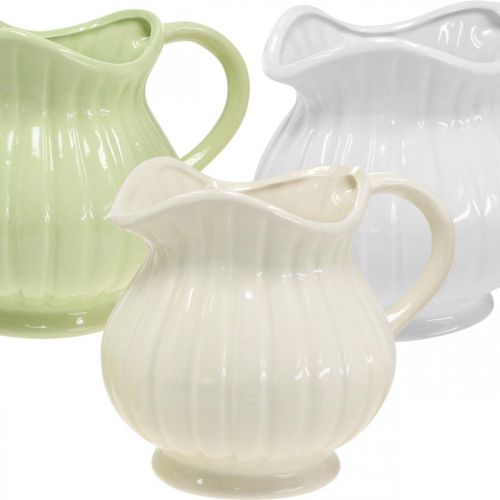 Floristik24 Siervaas, kan met handvat keramiek groen, wit, crème H14.5cm 3st