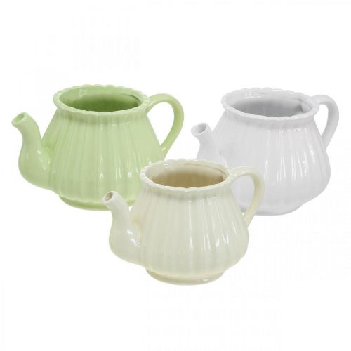 Floristik24 Decoratieve koffiepot keramiek, plantenpot groen, wit, crème L19cm Ø7.5cm