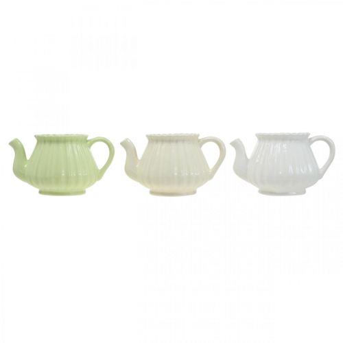 Floristik24 Decoratieve koffiepot keramiek, plantenpot groen, wit, crème L19cm Ø7.5cm