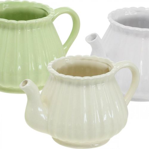 Floristik24 Decoratieve koffiepot keramiek, plantenpot groen, wit, crème L19cm Ø7.5cm