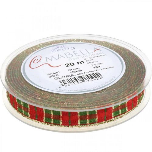 Floristik24 Geruit lint Kerstlint geruit 15mm 20m