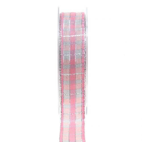 Floristik24 Controleer lint met mica roze-zilver 25mm 15m