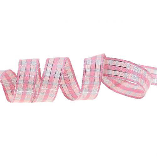 Floristik24 Controleer lint met mica roze-zilver 25mm 15m