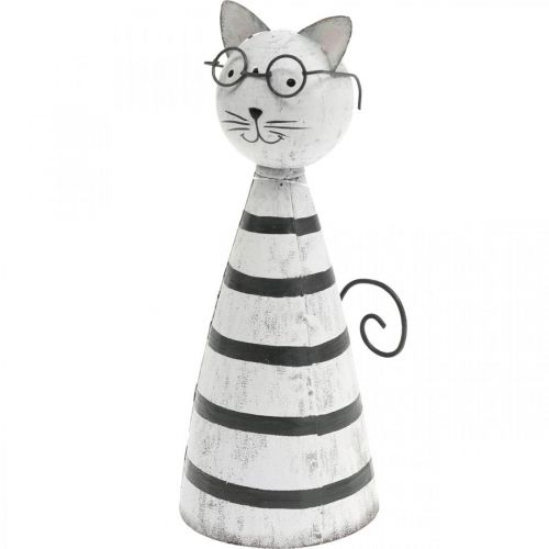 Kat met bril, decoratief figuur om te plaatsen, kattenfiguur metaal zwart en wit H16cm Ø7cm