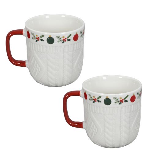 Artikel Kerstbeker van keramiek met gebreid patroon en feestelijk decor 9cm - rood-wit 2st