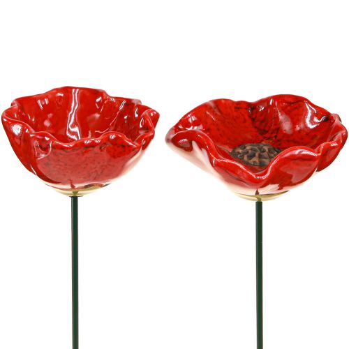 Keramiek bloemen klaproos decoratieve bloemplug rood 6,5cm 4 st