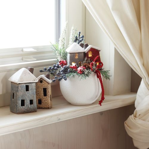Keramiek huis Adventsdecoratie crème rood grijs 8,5/9,5cm 3 stuks
