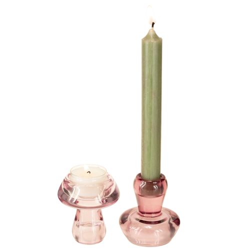 Floristik24 Kaarsenhouder paddenstoel waxinelichthouder glas bes Ø6,5cm H7cm 2 stuks