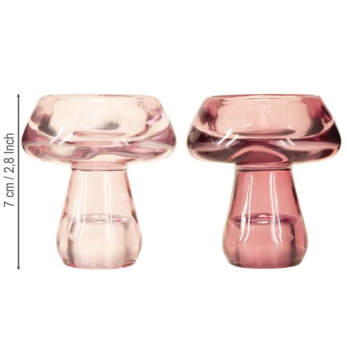 Floristik24 Kaarsenhouder paddenstoel waxinelichthouder glas bes Ø6,5cm H7cm 2 stuks