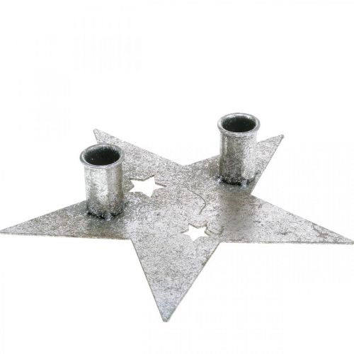 Kaarsdecoratie ster, metaaldecoratie, kandelaar voor 2 kegelkaarsen zilver, antiek look 23cm × 22cm