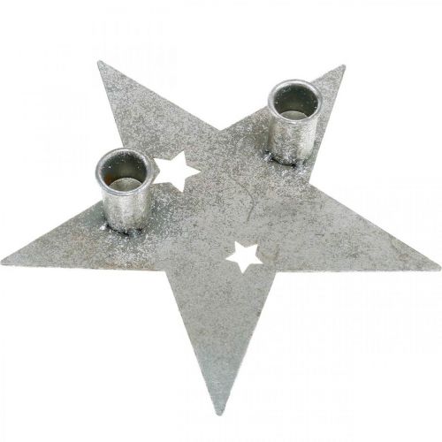 Artikel Kaarsdecoratie ster, metaaldecoratie, kandelaar voor 2 kegelkaarsen zilver, antiek look 23cm × 22cm