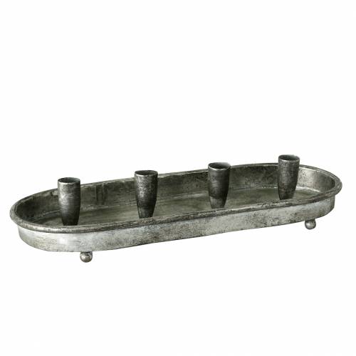 Kaarsenplateau ovaal voor 4 kaarsen antiek zilver metaal 40×17cm