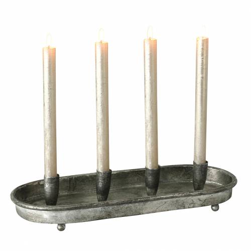 Floristik24 Kaarsenplateau ovaal voor 4 kaarsen antiek zilver metaal 40×17cm
