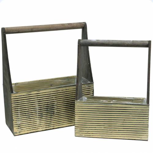 Artikel Planter met steel crème, grijs wit gewassen hout metaal 30 × 12,5 cm / 28 × 12 cm set van 2