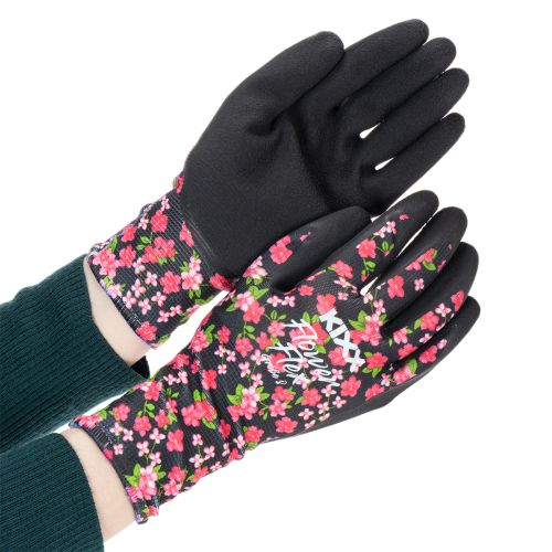 Artikel Kixx tuinhandschoenen met aardbeienmotief, wit en rood, maat 8; Kixx tuinhandschoenen met bloemen, zwart, maat 8