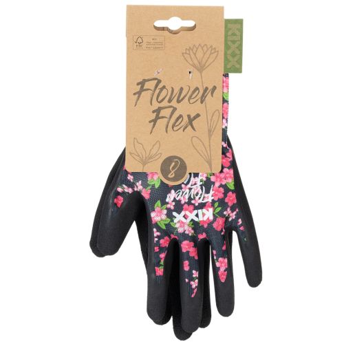 Artikel Kixx tuinhandschoenen met aardbeienmotief, wit en rood, maat 8; Kixx tuinhandschoenen met bloemen, zwart, maat 8